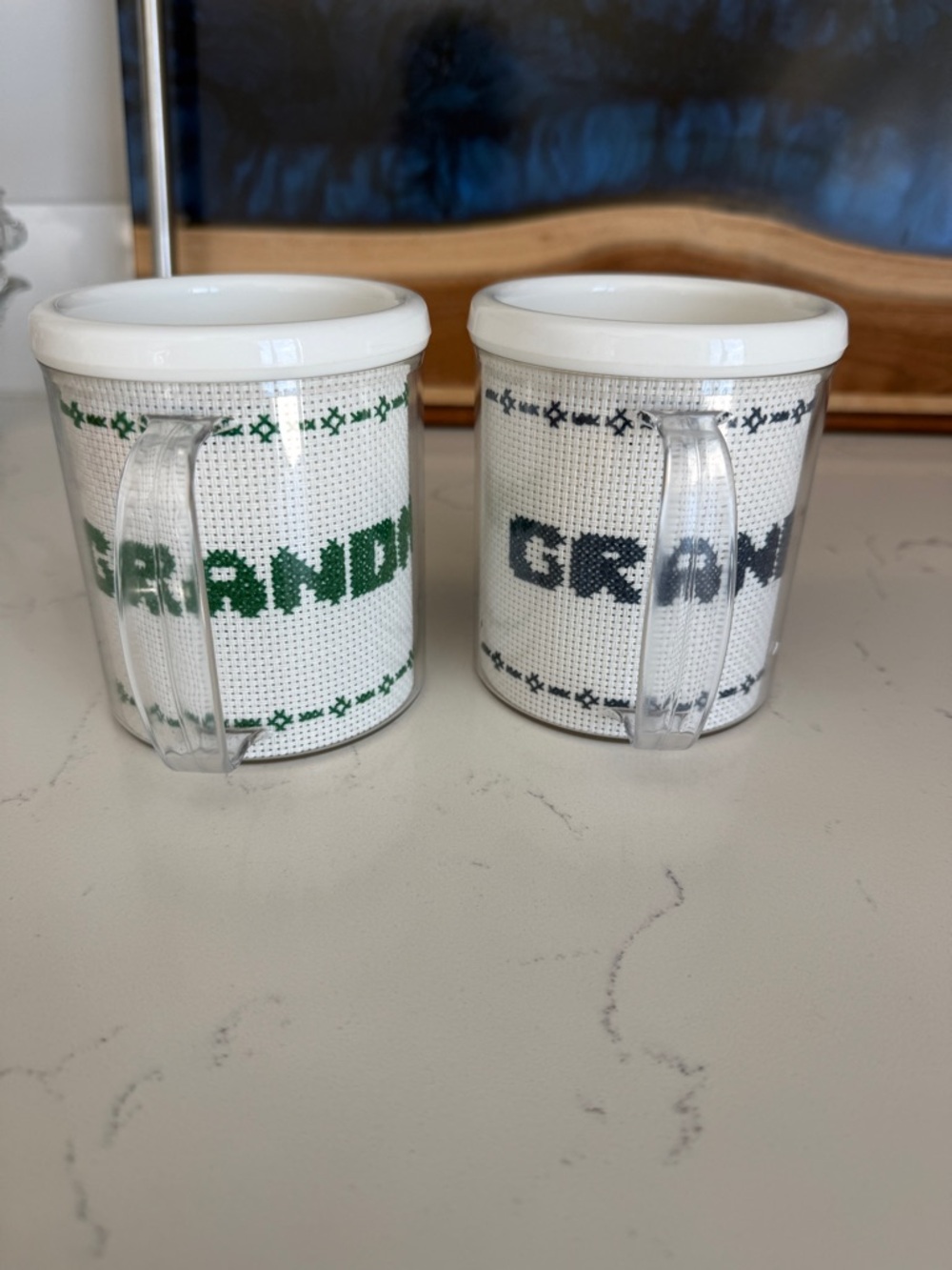 Vintage mugs / cups cross stitched w/ Grandma & grandpa’s